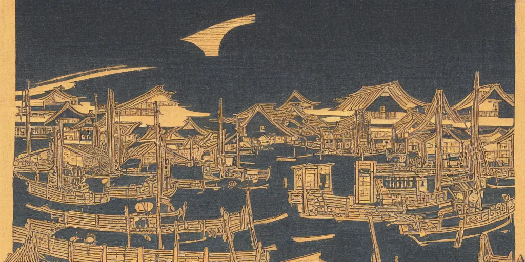 Prompt: woodblock print of a japanese harbor at midnight, beautiful lighting, deep colors, extremely intricate, hyper detailed, hd, edo period masterpiece