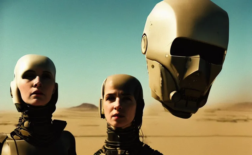 Prompt: cinestill 5 0 d photographic portrait by helen levitt of two loving female androids wearing rugged black mesh techwear on a desolate plain, extreme closeup, modern cyberpunk moody emotional cinematic, dust storm, 8 k, hd, high resolution, 3 5 mm, f / 3 2, ultra realistic faces, ex machina