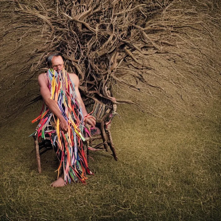 Prompt: closeup portrait of a man with a dress made of ribbons and roots, sitting in a chair in an empty field, by Annie Leibovitz and Steve McCurry, natural light, detailed face, CANON Eos C300, ƒ1.8, 35mm, 8K, medium-format print