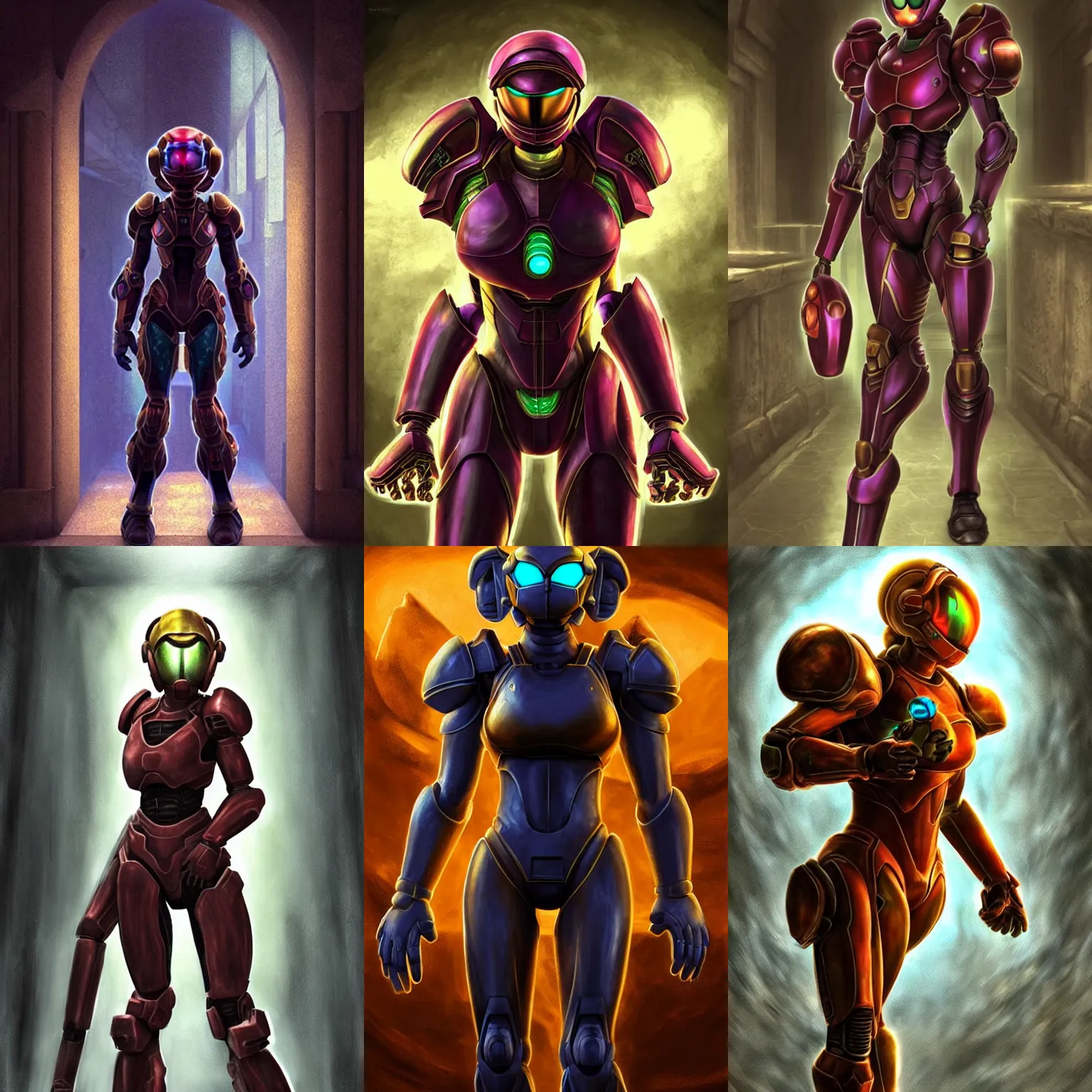 Prompt: character portrait of samus aran from metroid!! walking through an ancient temple hallway!!, 8 k, realistic shading, ultra realistic, video game, digital painting, matte painting, illustration, segmented armor, power armor, halo infinite, good value control, moody lighting, dark atmosphere, ultra realistic, highly detailed, john singer sargent