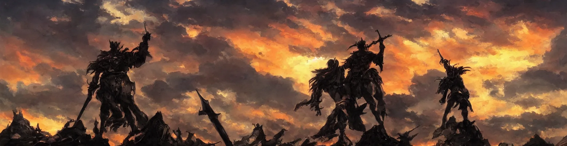 Prompt: dramatic sunset and dramatic sky , lone muscular knight stands the middle with big sword in hand and looks at the sun , painting by frazetta, low angle perspective, postapocalyptic panorama.asthetics !