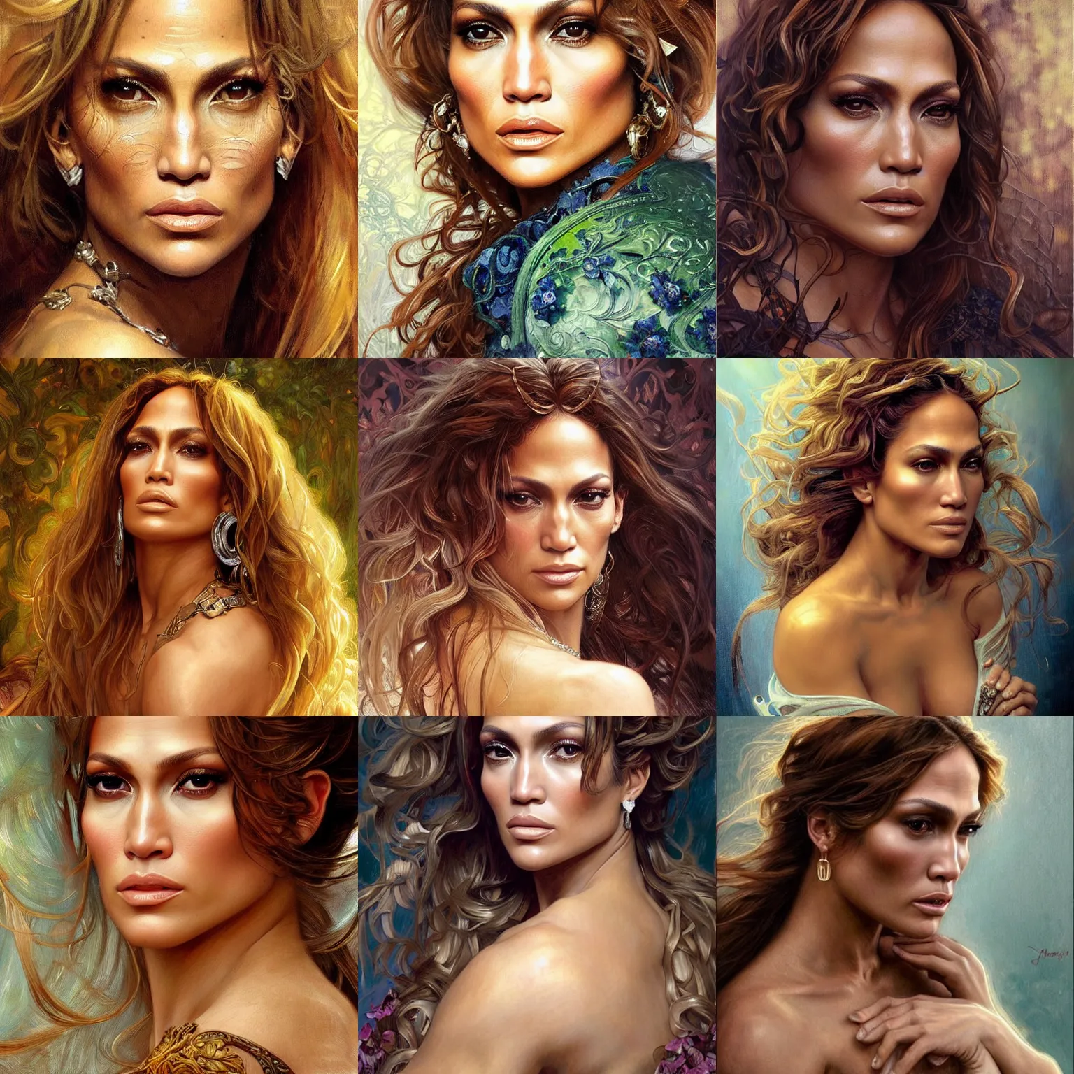 Prompt: Portrait of Jennifer Lopez, unreal, fantasy, intricate, elegant, dramatic, highly detailed, photorealistic, digital painting, painterly, artstation, concept art, smooth, sharp focus, art by John Collier and Krenz Cushart and Artem Demura and Alphonse Mucha and Albert Aublet