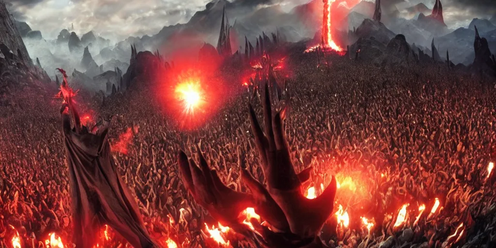 Image similar to Sauron playing guitar in a rock concert to a crowd of 5000 orcs in Mordor, epic, realistic, 8k resolution, detailed, cinematic lighting, cinematic