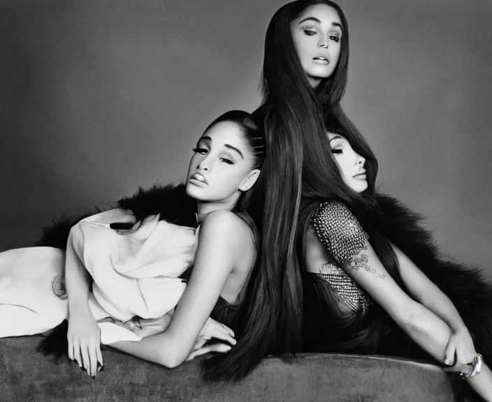 Image similar to award winning photo of Ariana Grande together with Megan Fox sitting on a chesterfield lounge, symmetrical face, wide shot by Sally Mann & Arnold Newman,