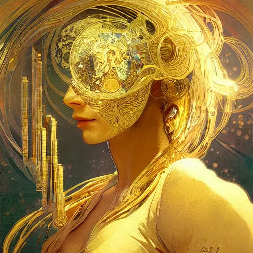 Image similar to hyper realistic golden quantum computer the size of a city , art by artery and Greg Rutkowski and alphonse mucha, sci-fi, fantasy, intricate, ornate, very very beautiful, elegant, highly detailed, digital painting, artstation, concept art, smooth, sharp focus, masterpiece , post-processing.