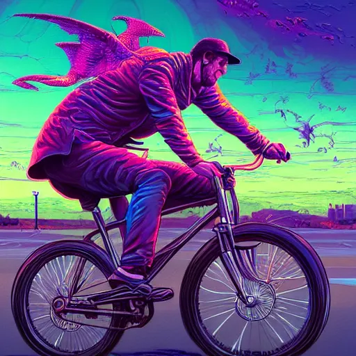 Prompt: a beautiful painting of a very detailed gangster riding a bike by dan mumford, beeple, trending on artstation, vapourwave