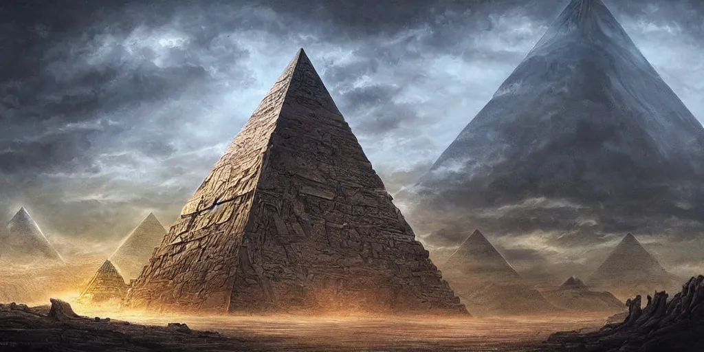 Image similar to an alien pyramid landscape , art station, landscape, concept art, illustration, highly detailed artwork cinematic, hyper realistic painting