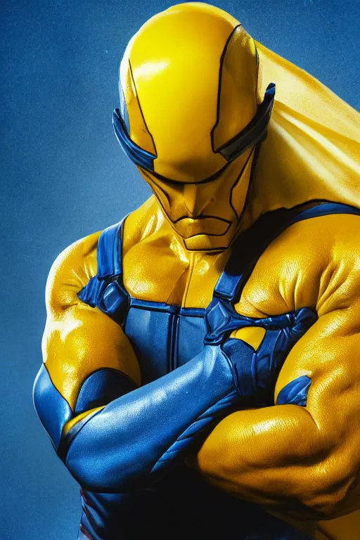 Image similar to marvel superhero, strong man with blue and yellow costume, goggles and leather helmet, yellow boots, yellow gloves, detailed portrait, dark background texture, 8 k, concept art, illustration by john byrne and terry austin. cinematic dramatic atmosphere, sharp focus, volumetric lighting, cinematic lighting, studio quality
