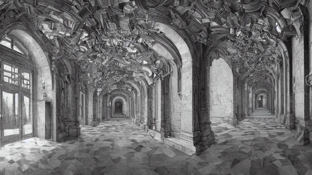 Image similar to a beautiful hyper realistic detailed matte painting of a a confusing place where the perspective is a broken concept and all the corridor and stairs will lead you to the same destination, dramatic lighting, dynamic lighting, cinematic lighting, dynamic lighting, cinematic lighting, lit by morning light, by maurits cornelis escher, black and white, featured on artstation, ultrawide angle