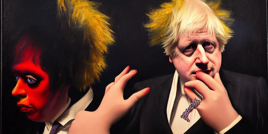 Image similar to boris johnson in drag in a nightclub, abstract oil painting by gottfried helnwein pablo amaringo raqib shaw zeiss lens sharp focus high contrast chiaroscuro gold complex intricate bejeweled