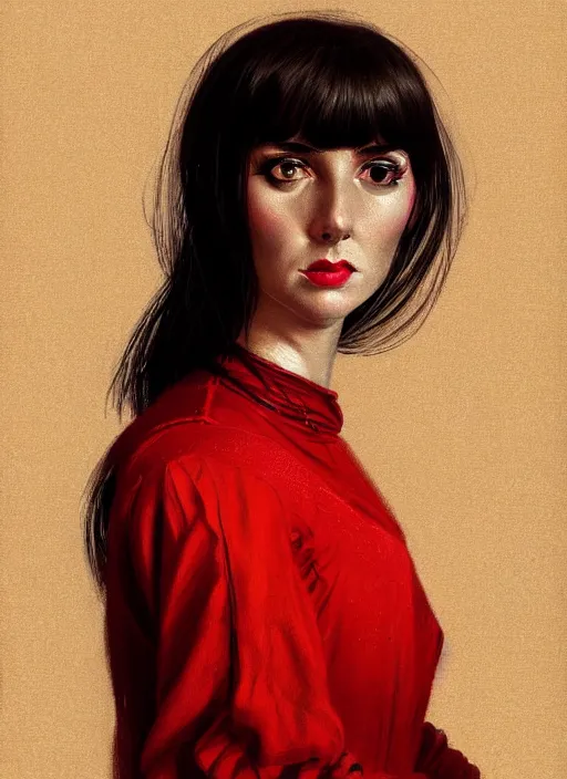Prompt: portrait of a woman with a crooked nose and a severe expression, 1 9 6 0 s, long hair, red clothes, bangs, intricate, elegant, glowing lights, highly detailed, digital painting, artstation, concept art, smooth, sharp focus, illustration, art by wlop, mars ravelo and greg rutkowski