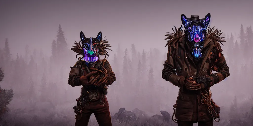 Image similar to woodsman wearing a steampunk and neonpunk mechanical fluorescent mystical animal mask in strange misty mountain landscape. fight with night monsters, night, realism in style of fornite game, 4 k, octane render, award winning photograph, epic cinematic shot, perfectly defined features, ambient occlusion