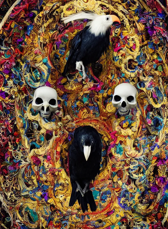 Image similar to photographic masterpiece of an albino raven standing on a colourful ornate skull, annie leibovitz