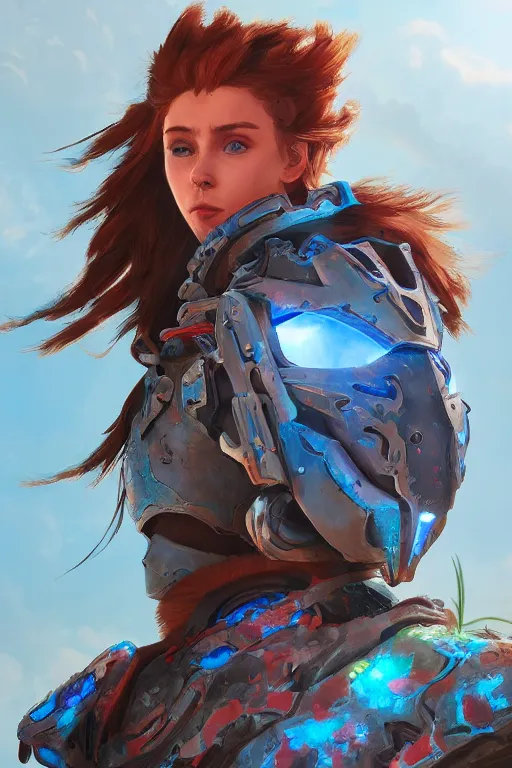 Image similar to combination suit armor aloy horizon forbidden west horizon zero dawn radiating a glowing aura global illumination ray tracing hdr fanart arstation by ian pesty and alena aenami artworks in 4 k tribal robot ninja mask helmet backpack