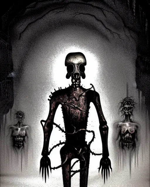 Image similar to full-body creepy realistic central composition, a decapitated soldier with futuristic elements. he welcomes you into the fog with no head, dark dimension portal, empty helmet inside is occult mystical symbolism headless full-length view. attendants watching, standing in ancient gate eldritch energies disturbing frightening eerie, uneasy atmosphere, artwork by Salvador Dali and Junji Ito