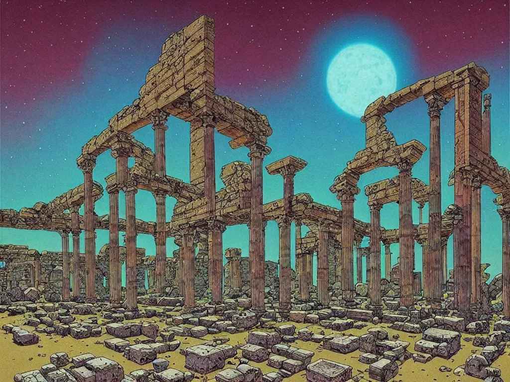 Prompt: beautiful ancient ruins on a abandoned planet by mœbius!!!!!!!!!!!!!!!!!!!!!!!!!!!, overdetailed art, colorful, record jacket