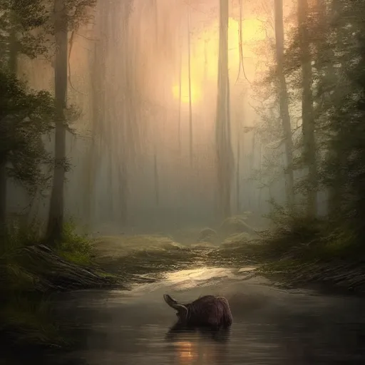 Prompt: cinematic shot river in the forest sci-fi style foggy rain sunset animals drinking from the river digital painting, artstation, concept art, soft light, hdri, smooth, sharp focus, illustration, fantasy, intricate, elegant, highly detailed, D&D, matte painting, in the style of Greg Rutkowski and Alphonse Mucha and artemisia, 8k, highly detailed, jurgens, rutkowski, bouguereau, pastoral, rustic, georgic