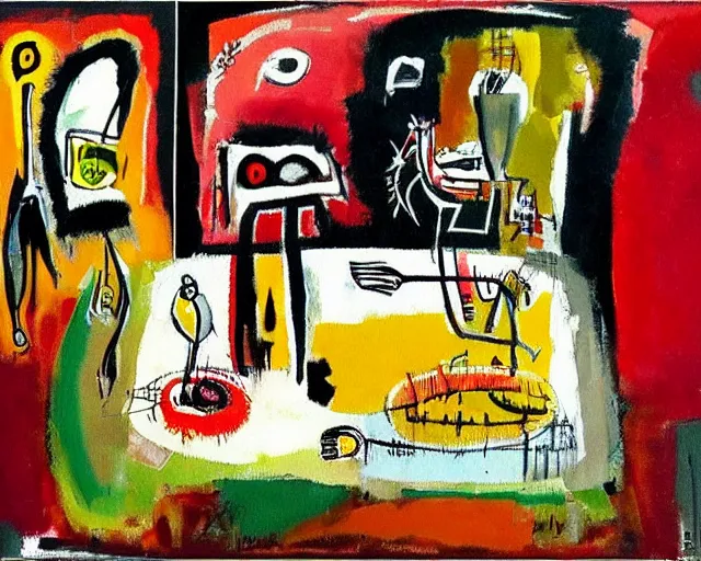 Image similar to painting of a dinner table with food by graham sutherland, basquiat!!, neo - expressionism, muted colors!
