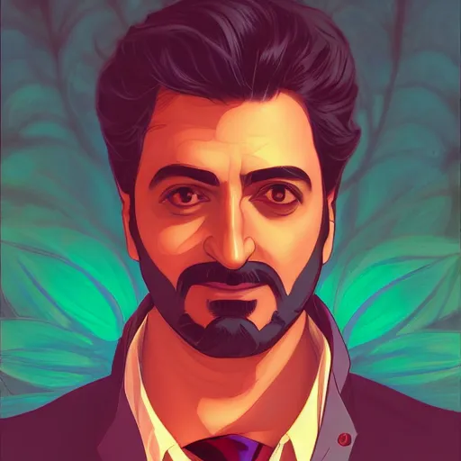 Prompt: Kumail Nanjiani as Tony Stark, ambient lighting, 4k, alphonse mucha, lois van baarle, ilya kuvshinov, rossdraws, artstation