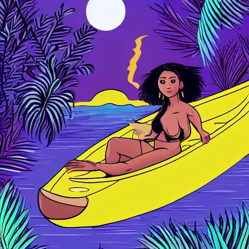Prompt: a brown-skin woman lying down in a canoe that is floating down a river on an alien planet, in the background is lush alien jungle, detailed face background detail, graphic novel,