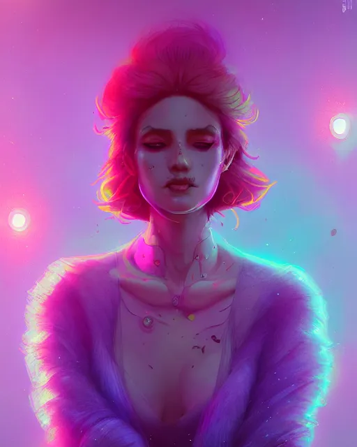 Prompt: lsd, acid trip, intricate, a beautiful woman with ( fox ) features, in professional makeup, dramatic lighting, by lois van baarle, ross tran, greg rutkowski, ultra detailed colorful repeating fractals in the background by moebius, beeple, artstation