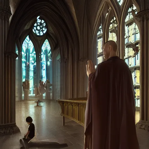 Image similar to angel protecting man who is praying inside a gothic church by Stanley Artgerm Lau, WLOP, Rossdraws, James Jean, Andrei Riabovitchev, Marc Simonetti, Yoshitaka Amano, ArtStation, CGSociety