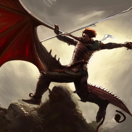 Prompt: man jumping and swinging a sword over his head attacking a dragon, highly detailed, digital painting, artstation