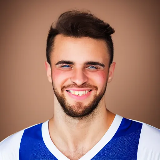 Prompt: a photographic portrait of a young Caucasian man smiling with short brown hair that sticks up in the front, blue eyes, groomed eyebrows, tapered hairline, sharp jawline, wearing a purple white volleyball jersey, sigma 85mm f/1.4, 15mm, 35mm, 4k, high resolution, 4k, 8k, hd, full color