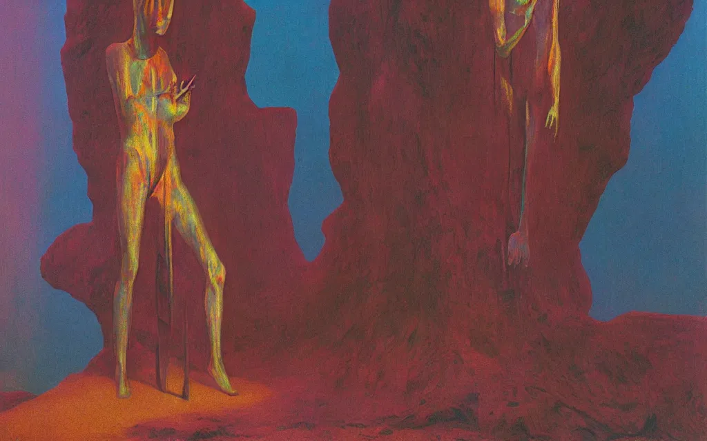 Prompt: colorized movie still from metropolis, oil painting by zdzisław beksinski, iridescent color palette chromatic aberration