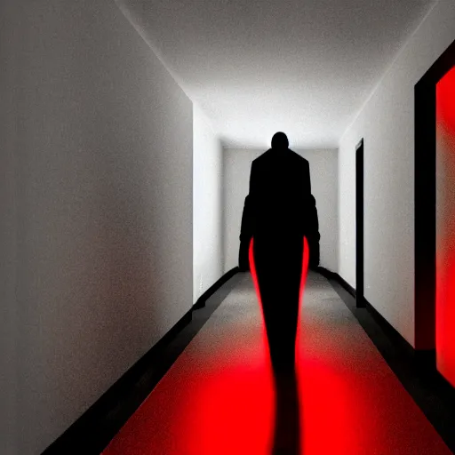 Image similar to photograph of an extremely dark narrow hallway with glowing humanoid cryptid made out of black and white static, dark deep black shadows, red and black color contrast in the style of trevor henderson, liminal space, 3 d octane render, glitch effect