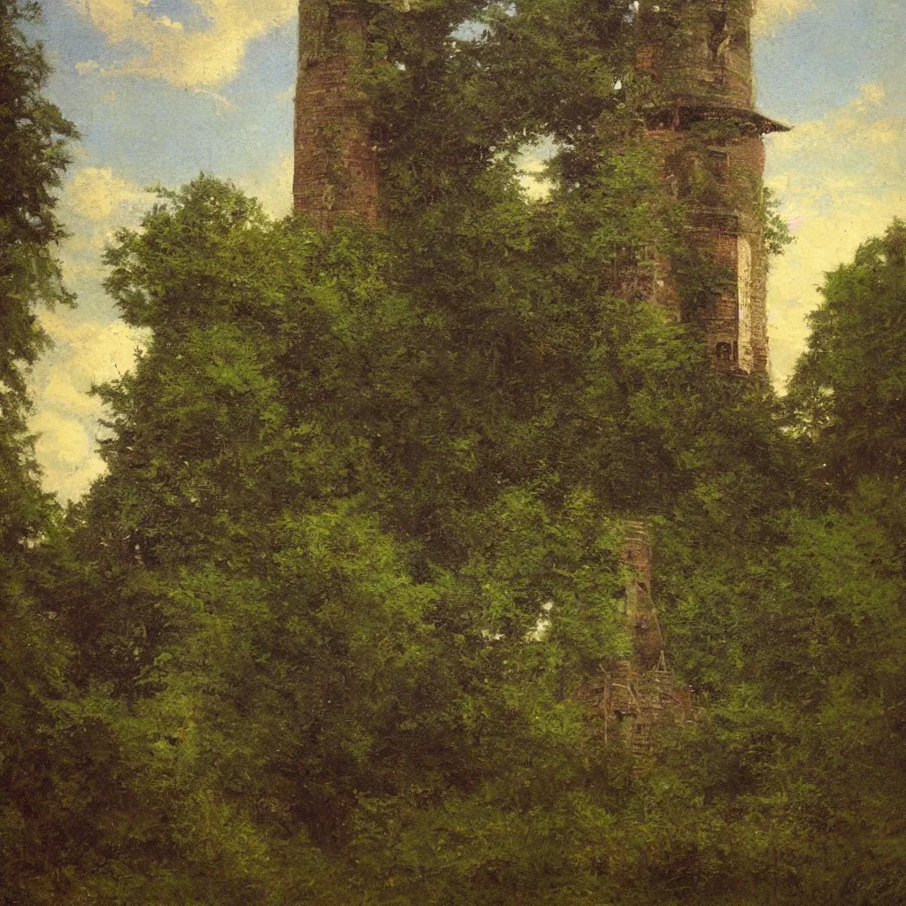 Image similar to The abandoned wizard\'s tower in the overgrown garden. Unknown Hudson River School Artist.