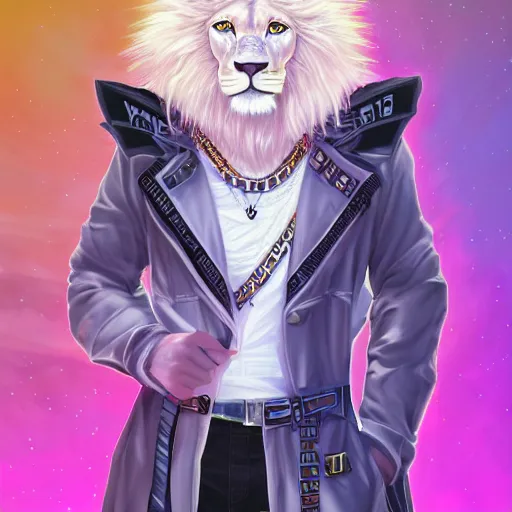 Image similar to aesthetic portrait commission of a albino male furry anthro lion wearing vaporwave chequered clothing at windows xp bliss wallpaper. Character design by charlie bowater, ross tran, artgerm, and makoto shinkai, detailed, inked, western comic book art, 2021 award winning painting