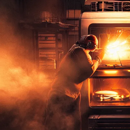 Image similar to cyborg with toaster oven chest, dark messy smoke - filled cluttered workshop, dark, dramatic lighting, orange tint, sparks, cinematic, highly detailed, sci - fi, futuristic, movie still