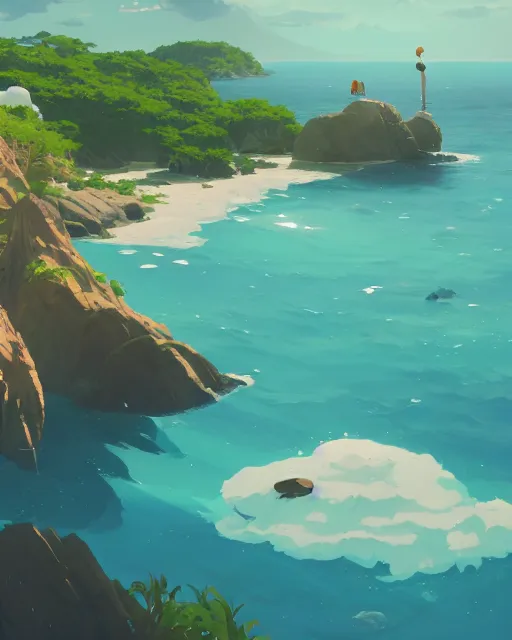 Image similar to an archipelago with strange white rock formations, lush vegetation, deep blue water, cory loftis, james gilleard, atey ghailan, makoto shinkai, goro fujita, studio ghibli, rim light, exquisite lighting, clear focus, very coherent, plain background, soft painting