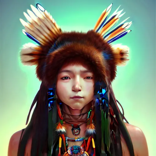 Image similar to anime portrait of a American native shaman wearing a bear headdress by Stanley Artgerm Lau, WLOP, Rossdraws, James Jean, Andrei Riabovitchev, Marc Simonetti, and Sakimichan, trending on artstation