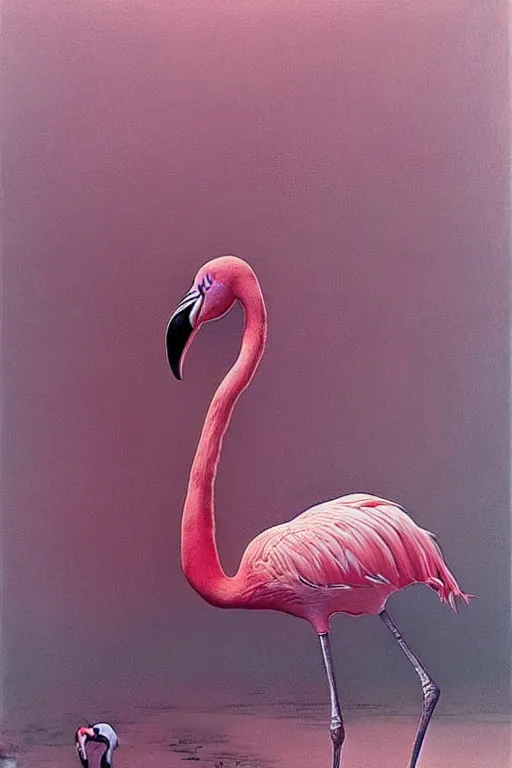 Prompt: hyper realistic painting of a flamingo by wayne barlowe, beksinski, hr giger, austin osman spare, bussiere