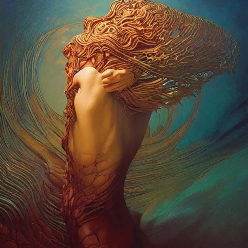 Prompt: queen of neptune by zdzisław beksinski, iris van herpen, raymond swanland, craig mullins, zaha hadid and alphonse mucha. highly detailed, hyper - real, beautiful