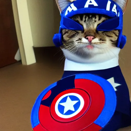 Image similar to a cat wearing captain america's outfit