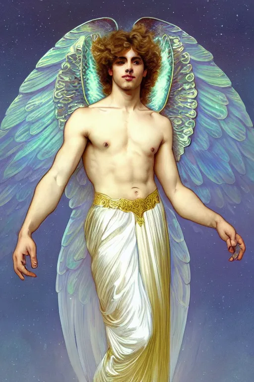 Image similar to fullbody portrait of a beautiful young fit male angel with curly blond hairs, soft smile, closed eyes, blessing palm, dressed in long fluent skirt, majestic symmetrical eagle wings, luminous halo, by greg rutkowski and alphonse mucha, gradient white to gold, in front of an iridescent background, highly detailed portrait, digital painting, smooth, sharp focus illustration