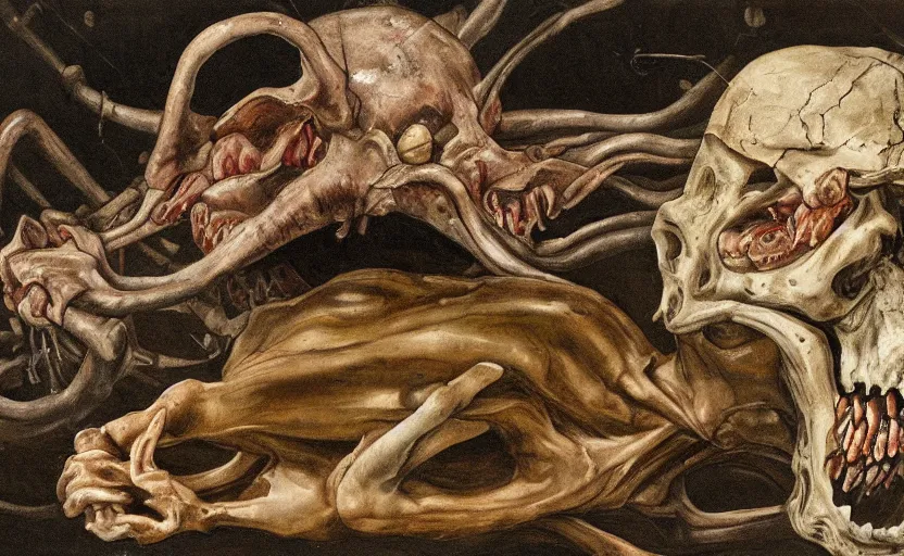 Prompt: a teratoma full of crooked teeth in the middle of an empty slaughter room realizing that it is an entity with a conscience that will suffer to die painted by lucian freud and goya