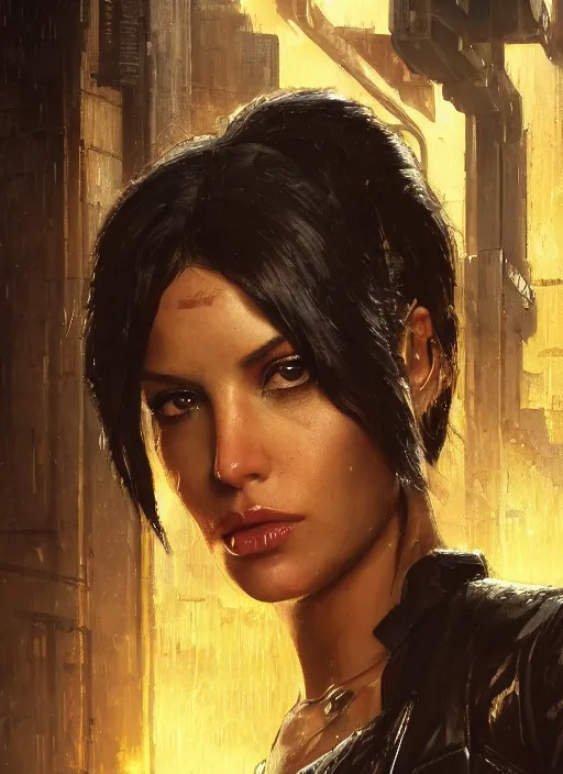 Image similar to lana kane. cyberpunk mercenary in a military vest ( blade runner 2 0 4 9, cyberpunk 2 0 7 7 ). orientalist portrait by john william waterhouse and james gurney and theodore ralli and nasreddine dinet, oil on canvas. cinematic, hyper realism, realistic proportions, dramatic lighting, high detail 4 k