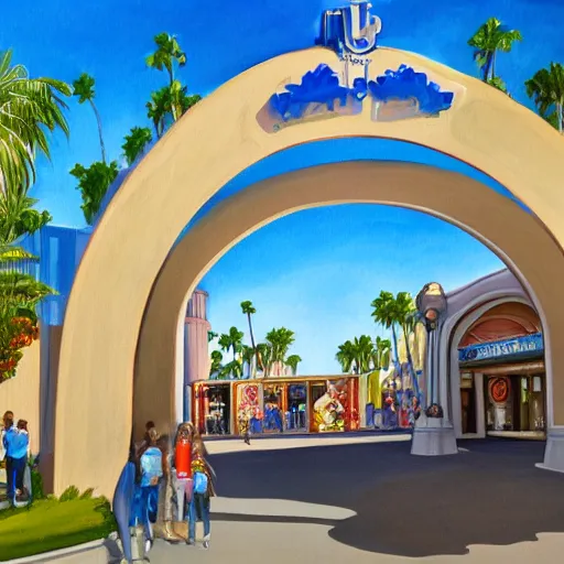 Image similar to painting of universal studios florida entrance arches, artstation
