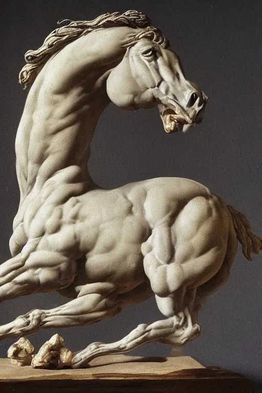 Prompt: a high detailed sculpture of a horse, rearing dramatically made out of raw hamburger, by michelangelo