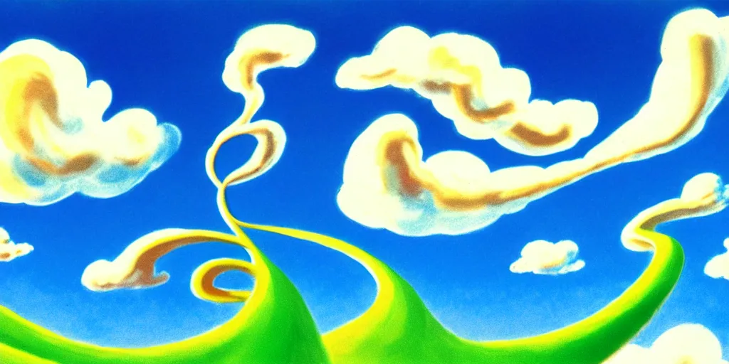 Image similar to cartoon concept art, clean blue sky, spiral clouds, from dr. seuss