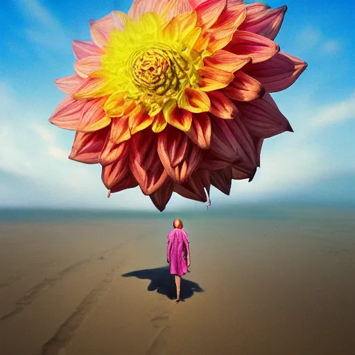 Image similar to closeup giant dahlia flower as head, a girl walking between dunes, surreal photography, sunrise, blue sky, dramatic light, impressionist painting, digital painting, artstation, simon stalenhag