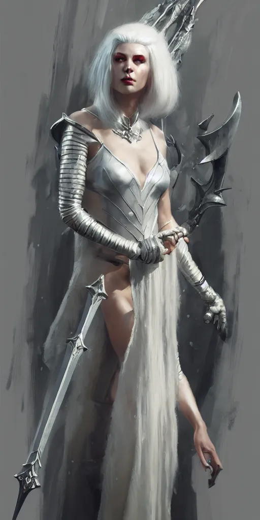 Prompt: craig mullins painting of queen of zokra, silver white hair, long gown, sorceress sword, soft lighting, trending on artstation, by huang guangjian and gil elvgren and sachin teng