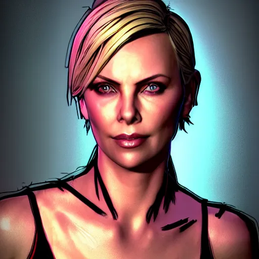 Image similar to charlize theron portrait, borderlands, tales from the borderlands, the wolf among us, comic, cinematic lighting, studio quality, 8 k