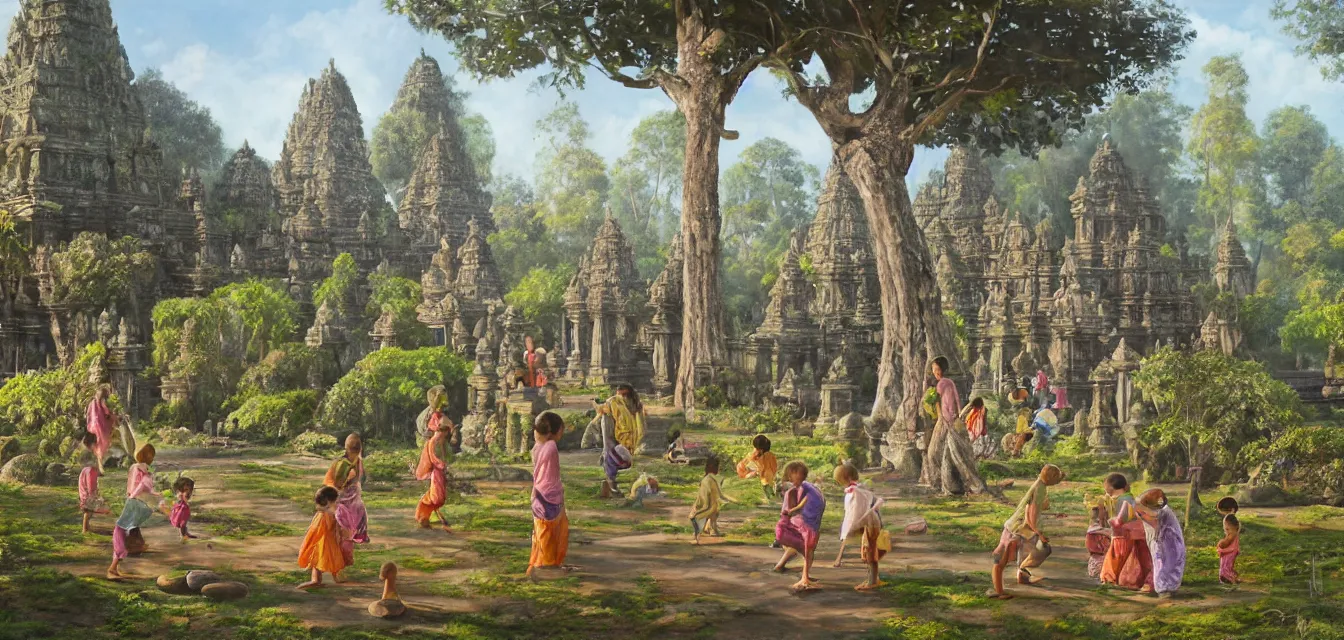 Prompt: botanical illustration of a few diverse children playing around a single indonesian candi temple and giant towering mushrooms, pastel hues, janne laine, outi heiskanen, gentle morning light