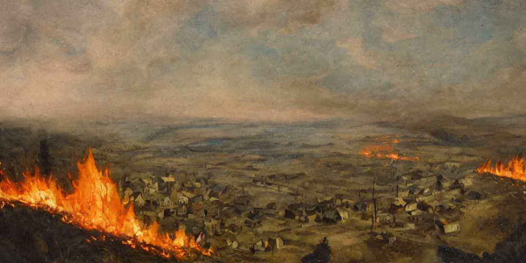 Prompt: A burning village being viewed from the top of a cliff, bleak atmosphere, oil painting