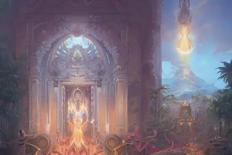 Prompt: a holy glowing divine portal opening in dreamy kalakaua avenue, 2 worlds colliding between a gateway to greg rutkowski renaissance italy and modern waikiki realm, majestic, luxurious, higher being, amazed, by peter mohrbacher, ilya kuvshinov, james jean, vincent di fate